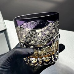 Kiriko Glass Hand Cut To Clear Whiskey Beer Water Crystal Glasses Purple 12oz