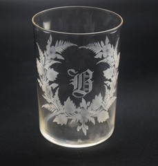 ANTIQUE GLASS NEEDLE ETCHED BOTANICAL WREATH MONOGRAM B TUMBLER DRINKING GLASS