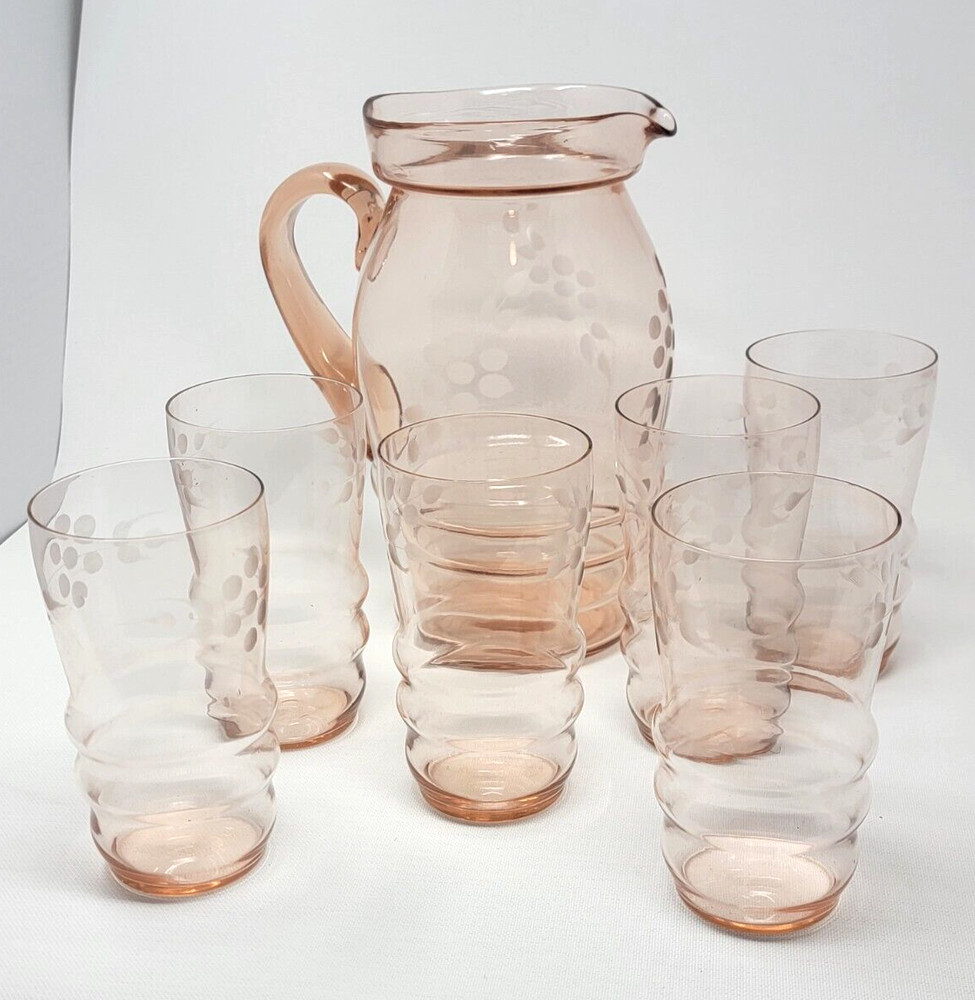 Vintage Pink Depression Elegant Glass Lemonade Juice Set Pitcher Etched Floral