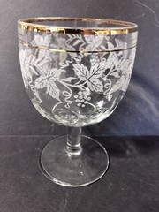 Vtg 6 Bartlett Collins Etched Grape Leaf Vine Water Wine Goblets Gold Rim 6.25”