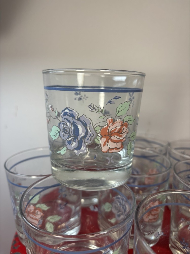 Vintage Anchor Hocking Rock Clear Glasses Set of Nine Pink-Blue Floral Appliqué