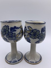 Set of 2 Vtg Ceramic 8 Oz Wine Goblets Handmade Signed Rustic Floral Design