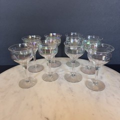 VTG 8 Ribbed Bowl Iridescent Smooth Stemmed Small Cordial Glasses 4.5” Tall