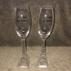 Eiffel Tower Paris France Glass Champagne Flutes 10”Set of 2 “A Night In Paris”