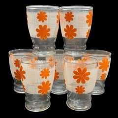 Vintage 1960s Dominion Glass Company 7 pcs Juice Glasses – Groovy Orange Flowers