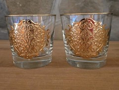 MCM Set Of 8 Libbey Barware Gold Medallion Trim Opera Lowball Cocktail Glasses