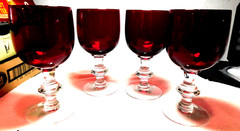 Set of 4 Vintage 1940’s Morgantown Glass Radiant Spanish Red + Clear Goblets