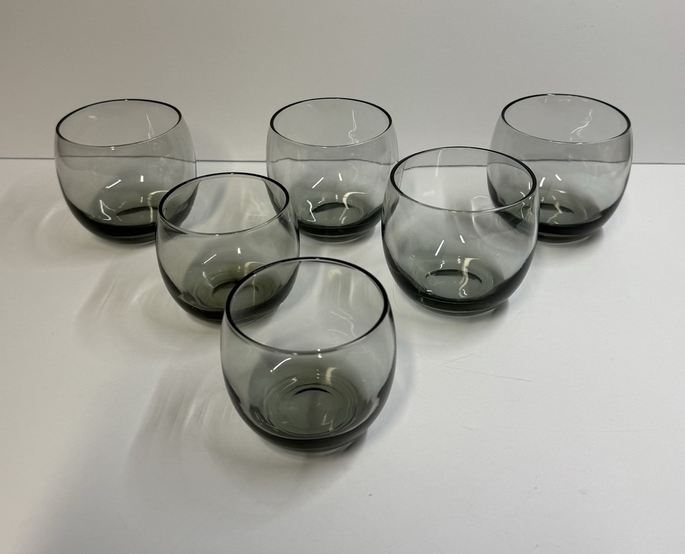 Set of 6 Vtg Smokey Gray Roly Poly Round Cocktail Glasses 2-6 oz, 4-8 oz