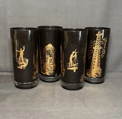 Set of 4 Vtg MCM Culver Glass Black Oil Rig 24kt Gold 10oz. Highball Glasses ***