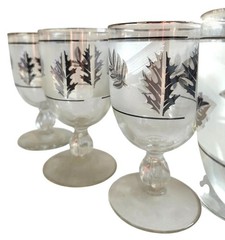Vtg Libbey Silver Foliage Glasses Set of 7 Wine Goblets Frosted Leaf MCM