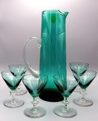 MCM Bayel France Emerald Green Crystal Martini Pitcher Set 6 Glasses Stirrer