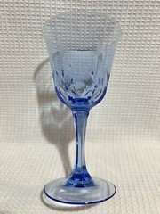 (Qty.2) Light Blue Cut Glass/Dimpled Thumbprint-7 3/8” Goblet/Wine Glasses