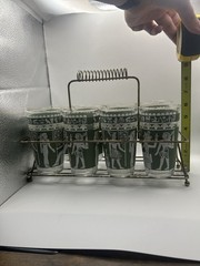 9-PC Hazel Atlas Wedgewood Green Egyptian Tumblers 8 Cups And Carrier RARE Set