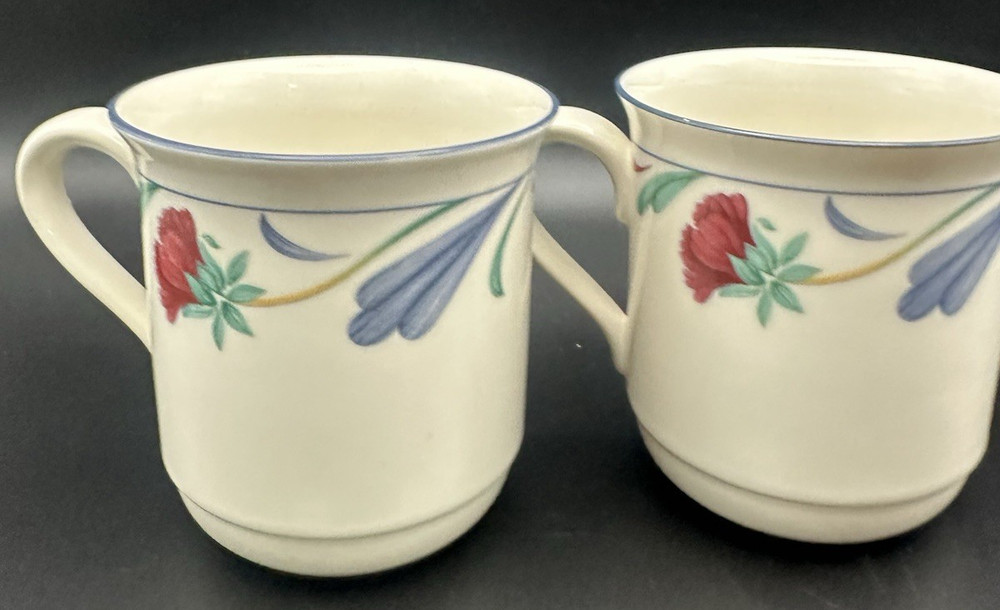 Lenox Chinastone Poppies on Blue Coffee Mugs Set of 2 Stacking USA