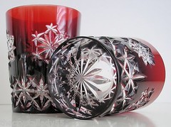 6 Snow Crystals Ruby Red cased cut to clear crystal whiskey rocks STORE CLOSING