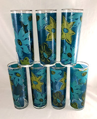 Set/7 Federal Glass 6.75″ TOM COLLINS Glasses Turquoise Floral Silver Rim