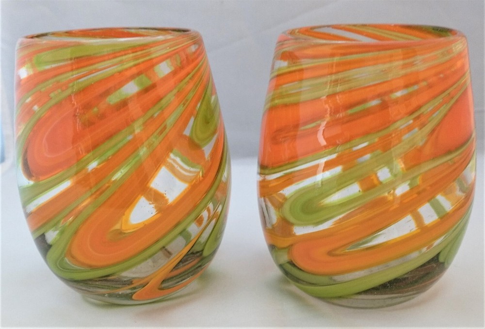 Groovy Retro Orange Green Hand Blown Short Glasses (D19A)