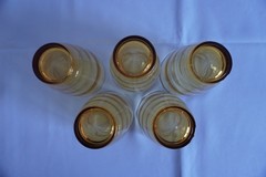 Hazel Atlas Waterfall gold Saturn optic pitcher + 5 highball glass tumblers