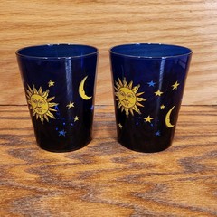 2 Vintage 90s Libbey Celestial Cobalt Blue Glass Sun Moon Stars Tumbler Set Lot