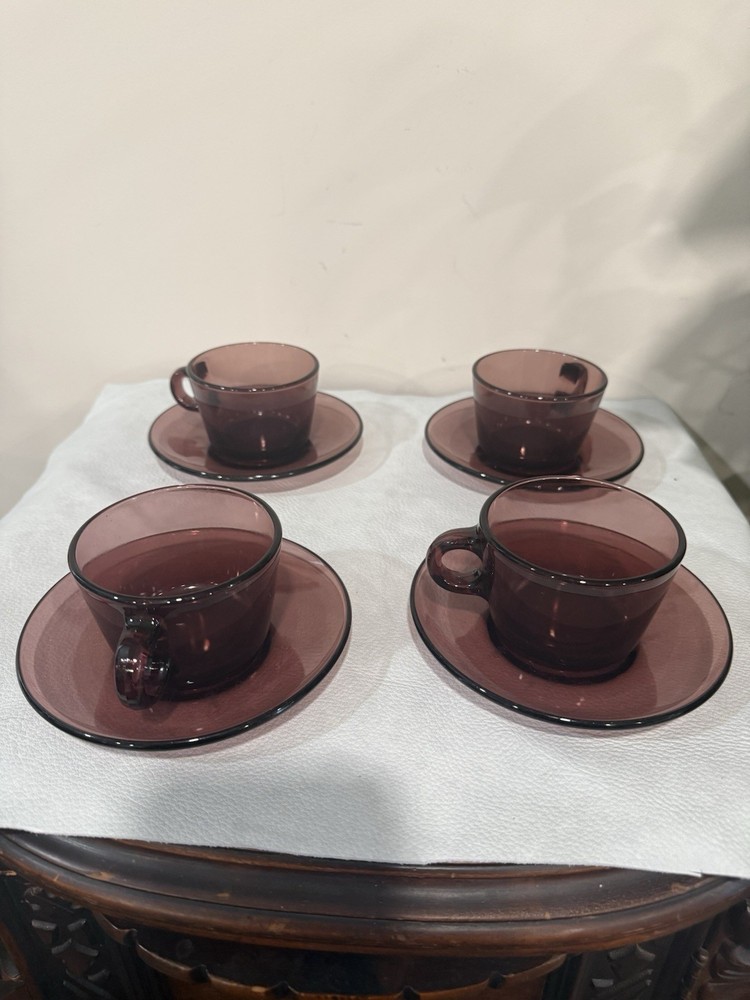 Vintage Vereco France Amethyst Glass Cup Saucer SET OF 4 Espresso Tea Coffee