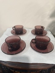 Vintage Vereco France Amethyst Glass Cup Saucer SET OF 4 Espresso Tea Coffee