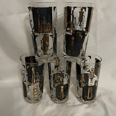 MCM “Thru The Years “ Historical Oil Gas Pumps Drinking Glasses Black Gold Lot-5
