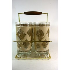 Mid Century Drinking Glasses Set of 8 Hollywood Regency Barware and Caddy