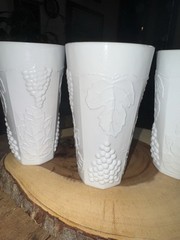 Vintage white milk glass tumbler set, 4 drinking glass set grape design about 6″
