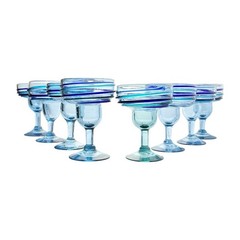 Set of 8 Handblown Mexican Cobalt Blue & Teal Spiral Margarita Glasses 6” 12oz