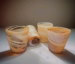 Set of 4 Hand-Blown Amber Swirl Rocks Glasses / Votive Holders – Polished Pontil