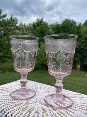 Set of 2 Fortessa Debutante Pink Glass Goblets 10oz. Vintage Floral Pressed