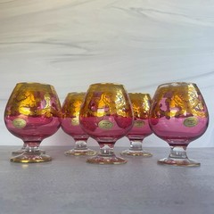 Vintage Italian Pink Glass Brandy Snifters Set of 6 Gold Gilt Made in Italy