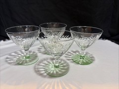 4 Clear Etched Optic Bowl & Green Uranium Foot Low Champagne Sherbet Glasses