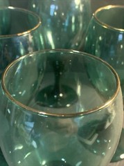 VTG Libby Juniper Green Water Wine Goblets Set Of 6 Glass Teardrop Gold Rim 7″