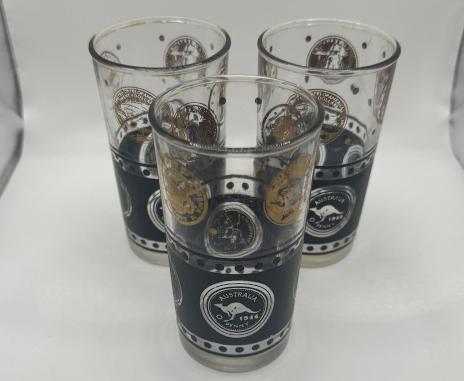 Set Of 3 Gold Coin and Black Glass Tumblers MCM Continental Can Company 4.5” H