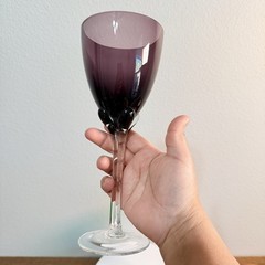 MURANO Tulip Based Wine Glasses Purple & Green Clear Ribbed Stem Goblets Set 2