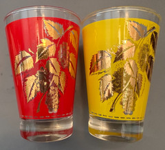 Vintage Bartlett-Collins MCM Red & Yellow Gold Grape Leaf Glass Tumblers Set 4