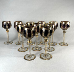 11 Amethyst Cabochon Bohemian Gilt Wine Glasses