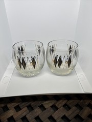 Vintage Federal Glass MCM Gold Black Harlequin Roly Poly Atomic Set 2 Barware