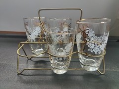 Vintage Libbey ROSE BOUQUET Flat Tumblers Glasses (4) Gold Trim, holder