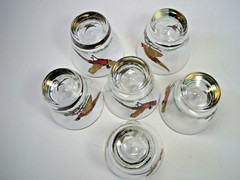 Midcentury Hazel Atlas Gold Wings Pheasant Whiskey Rocks 6 Glasses 3.5″ x 3.5″