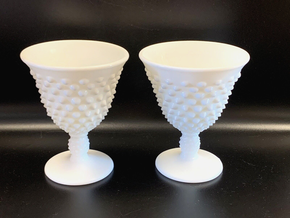 Set Of 2 Fenton Milk Glass Hobnail Small Wine Goblets Flared Rim VERY RARE 4.25″