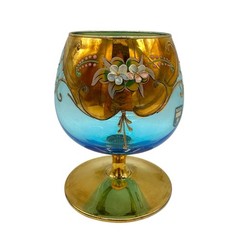 Vintage Murano Brandy Snifter Glass Goblet Blue w/ Gold Overlay Painted Flower