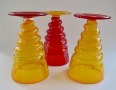 3 Rossi Thomas Art Glass Spiral Footed Goblets 16 oz Yellow Red Signed 6.75″