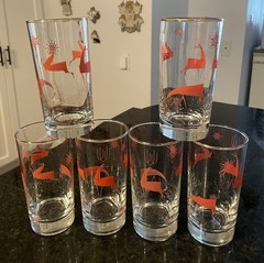 (6) Atomic Reindeer Highball Glasses ~Red & Gold~ MCM ~RETRO~ Vintage~Tumblers