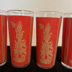 MCM Culver Red & Gold Glasses Hindu/Thai Goddess Lord Shiva 4pcs 14oz 6.5 in