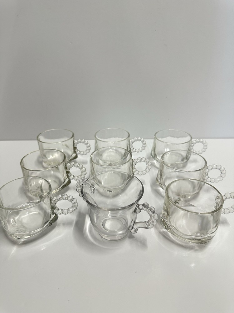 Set 9 Vintage Clear Glass Tea Cups Beaded Handle 1 Double Handle