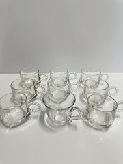 Set 9 Vintage Clear Glass Tea Cups Beaded Handle 1 Double Handle