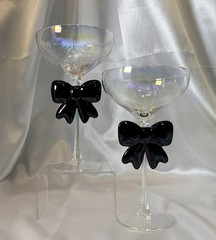 Set Of 2~Iridescent Glass Champagne Coupes With Black Bow Stem
