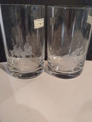 Set of 4 Ralph Lauren Polo Scene High Ball Glasses Etched Crystal ~ USA